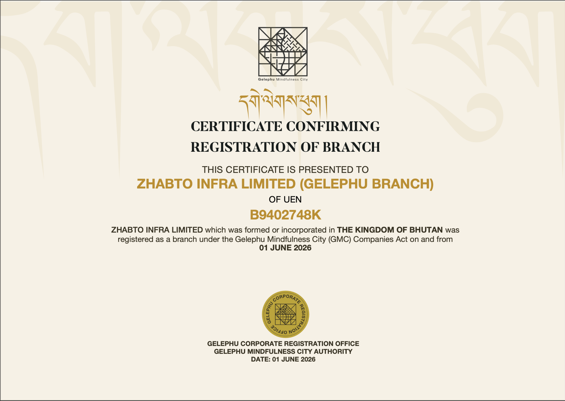 Zhabto Infra Limited Registered with Gelephu Mindfulness City Authority